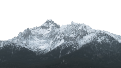 Dramatic snow-covered mountain range with sharp peaks and forested lower slopes against a png black background