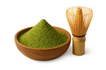 Matcha green tea powder in wooden bowl with bamboo whisk chasen, preparing a healthy japanese drink on transparent background