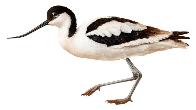 avocet bird with slender upturned bill, standing on long legs, elegant wetland species, isolated on white background