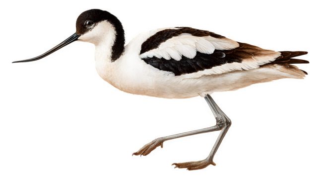 avocet bird with slender upturned bill, standing on long legs, elegant wetland species, isolated on white background