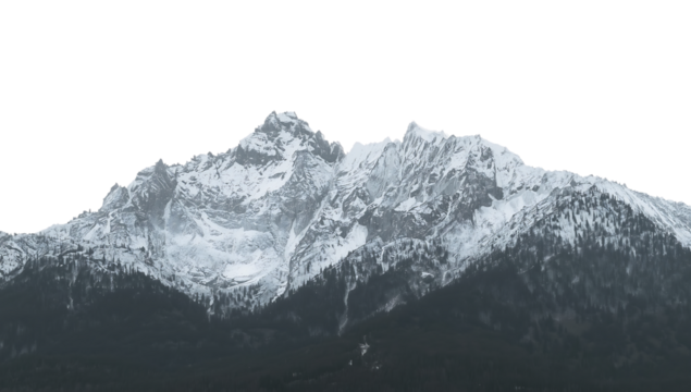 Dramatic snow-covered mountain range with sharp peaks and forested lower slopes against a png black background