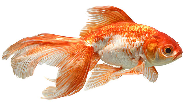 goldfish with orange scales and flowing fins, swimming in mid-motion, isolated on white background - Powered by Adobe