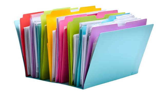 file folder with documents peeking out, modern office organization concept, isolated on white background