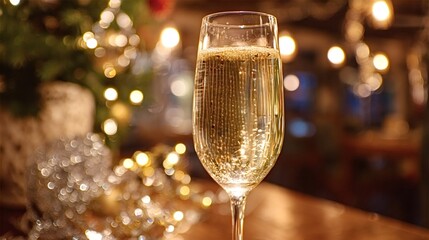 Champagne flute filled with sparkling wine, showing effervescent bubbles rising in a beautifully blurred festive background with bokeh lights and holiday decorations, symbolizing celebration and joy