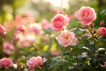 Pink roses blooming in a lush garden with warm sunlight