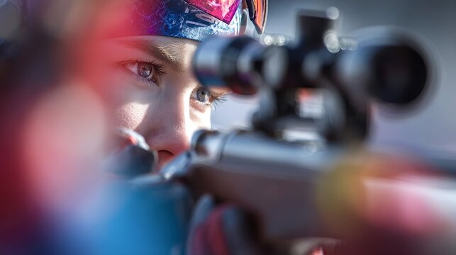 Woman biathlete concentrating with a focused gaze through the rifle scope, preparing to shoot at targets during a winter sports competition, showing determination and precision