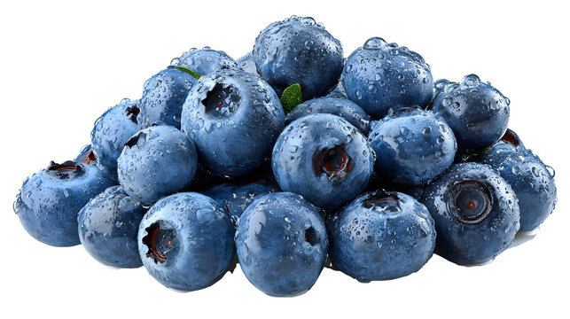 blueberries cluster close-up, fresh ripe fruit for healthy diet, isolated on white background