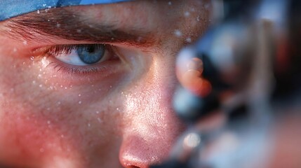Athlete's face is red, covered in sweat and snow, focusing with a piercing blue eye, reflecting the cold winter conditions and active effort during a challenging outdoor activity