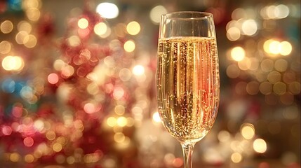 Champagne glass filled with sparkling wine and rising bubbles, set against a festive background of shimmering red, gold, and blue bokeh lights, celebrating holidays and special occasions