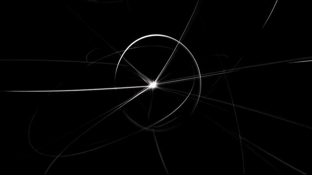 Thin white light trails rotate and intersect on a black background, gradually forming a circle from which a bright flash of light emerges