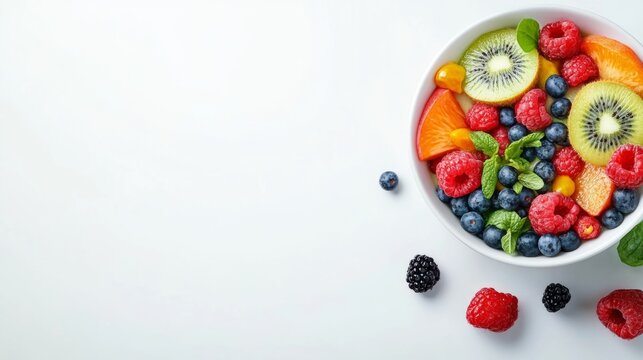 Fresh fruit and mixed berries arranged in a bowl on a white background for healthy eating - Powered by Adobe