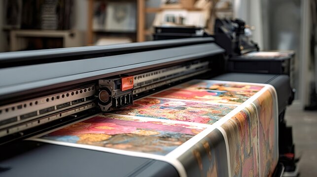 Large format printer producing a roll of colorful artistic designs, demonstrating modern digital printing technology in a professional workshop environment