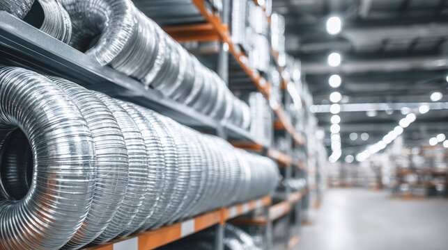 Flexible metal ventilation ducts stored on industrial shelves in warehouse, showcasing HVAC equipment and organized manufacturing inventory under bright overhead lighting.