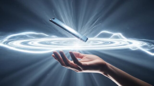 Futuristic Technology Concept with Phone and Energy Rings Floating Above Hand Showcase