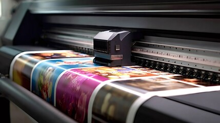 Large format industrial printer operating in a printing production facility, producing new colorful graphic design images and advertisements on a continuous roll of paper