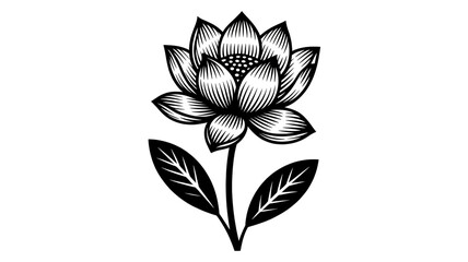 A black and white linocut-style illustration of a single lotus flower with eight petals.