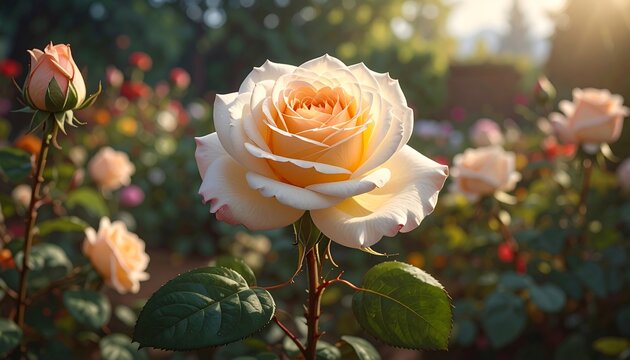 A close-up showcases a cream and peach rose, fully bloomed, bathed in sunlight, surrounded by a garden of similar blossoms