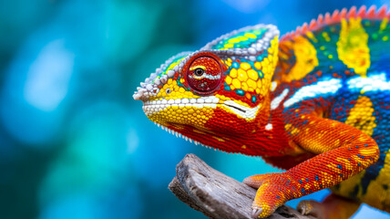 A close-up macro photograph of a vibrant Panther Chameleon's head and partial neck against a blurred turquoise and blue background.