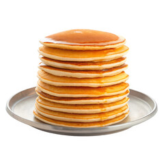 Stack of delicious pancakes with syrup on a silver plate isolated on transparent background