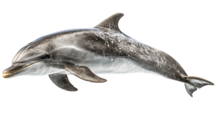 bottlenose dolphin swimming forward, smooth skin and curved fins, isolated on white background