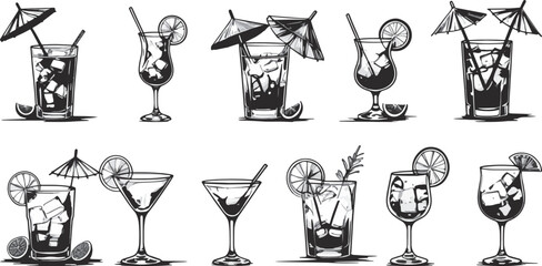 Black and White Cocktail Drinks Vector Set with Ice Cubes, Umbrellas, Lemons, and Glasses on White