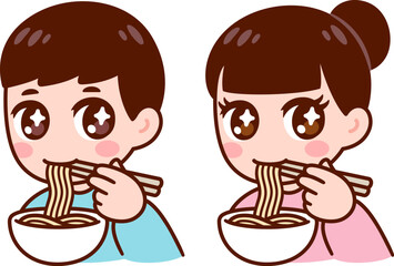 Kawaii Chibi style girl and boy eating noodles with chopsticks. Cute cartoon anime characters vector clip art illustration.