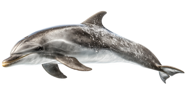 bottlenose dolphin swimming forward, smooth skin and curved fins, isolated on white background