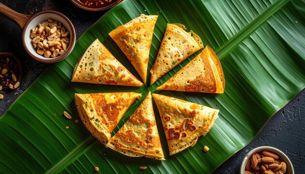 Warm Light Macro Photo of Filipino Pichi Pichi Steamed Cassava Cakes Coated in Grated Coconut Arranged on a Banana Leaf