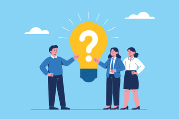 Teamwork and innovation concept people collaborating around a bright idea lightbulb with a question mark symbolizing discovery and problem solving for business growth