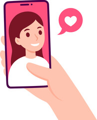 Video call with loved one. Hand holding smartphone with woman on screen. Online dating, friendship, family. Simple flat cartoon vector illustration.