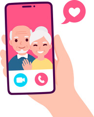 Video call with grandparents or aging parents. Hand holding smartphone with elderly couple on screen. Simple and cute flat cartoon vector illustration