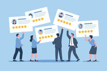 Diverse team celebrates high customer satisfaction with positive online reviews and star ratings showcasing excellent feedback and service.