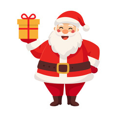 Santa Claus holding gift box isolated on white background. Christmas greeting card. Cute cartoon character. Vector illustration.
