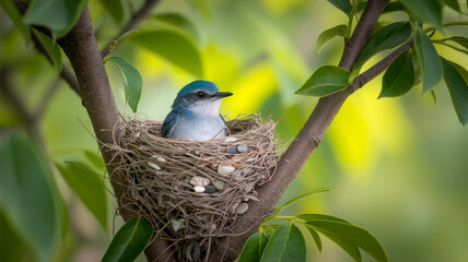 A close-up photograph of a small blue-gray bird sitting in a delicate woven nest nestled between tree branches.