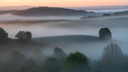 Obraz premium Mesmerizing landscape captured at dawn, where dense fog fills the valleys, leaving the tops of the hills and trees visible.