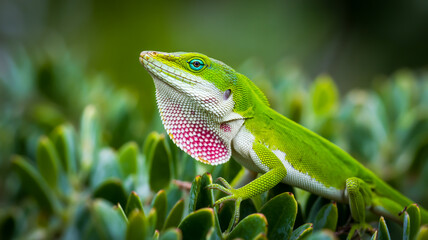 A close-up photograph of a vibrant green anole lizard perched on green foliage.
