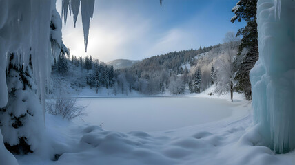 Snowy winter landscape of a frozen lake, framed by ice stalactites and trees covered in frost under bright winter sun.