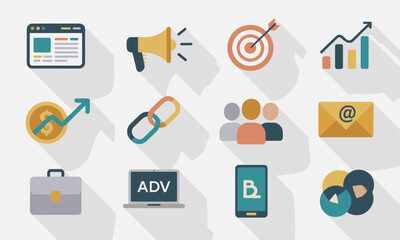 Colorful Marketing and Business Icons with Long Shadows.