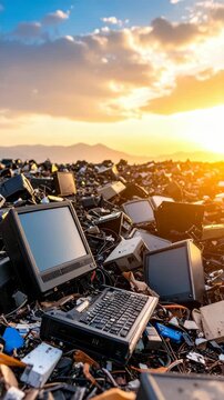 Pile of outdated computer monitors and keyboards at electronic waste recycling facility with golden sunset on horizon