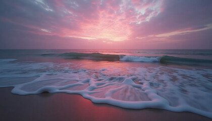 Dreamy twilight seascape with calm and contemplative mood, gentle waves reflecting pink and purple sunset hues