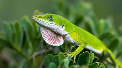 A close-up photograph of a vibrant green anole lizard perched on green foliage.
