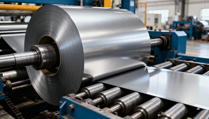 Rolled steel coil on an industrial production line. Sheet metal processing on a conveyor machine in a factory. Heavy industry and manufacturing concept