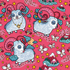 A seamless vector pattern with rams on clouds for the bedroom and bed. A bright background for children's textiles.