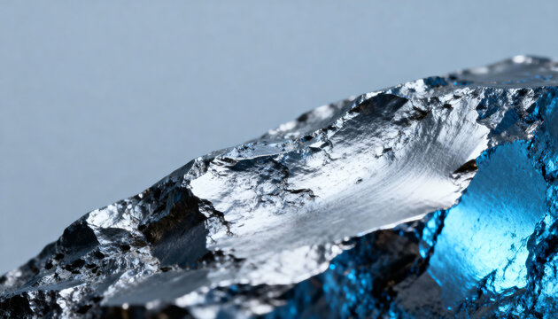 Close-up of a shiny, metallic, raw piece of titanium illuminated by blue light, featuring sharp facets.