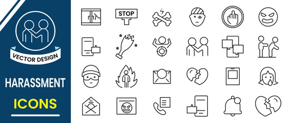 Harassment icons set. Harassment and abuse line icon. Creative icons violence, beating, threatening letter, afraid, aggression, bullying, depressed, unhappy, emotional, pressure. Vector illustration.