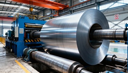 A large coil of rolled steel on an industrial machine in a factory. Sheet metal production line in a modern workshop. Heavy industry and manufacturing concept