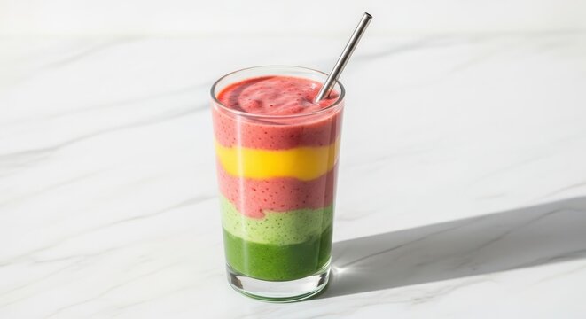 Colorful layered smoothie in a glass with a metal straw, isolated on white background, a healthy and refreshing beverage option