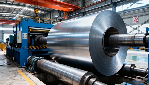 A large coil of rolled steel on an industrial machine in a factory. Sheet metal production line in a modern workshop. Heavy industry and manufacturing concept
