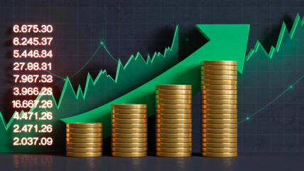 A financial growth chart with a dark background featuring a green upward-trending arrow and stacked gold coins