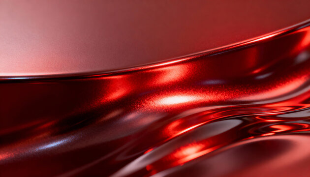 Close-up showcases smooth, wavy, glossy surface in deep red with metallic sheen, resembling luxurious flowing material.